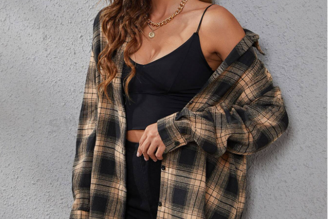 SHEIN LUNE Plaid Print Drop Shouler Shirt